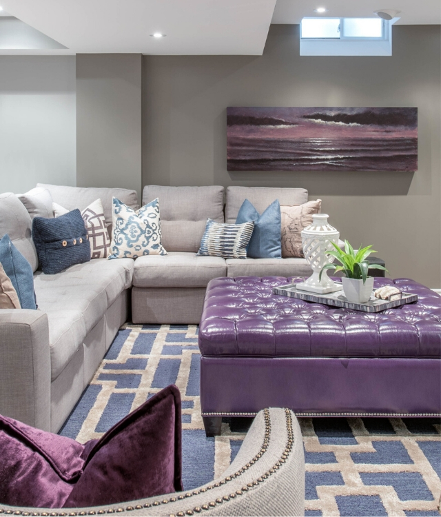 basement living space with purple accents | Design by Catherine-Lucie Horber