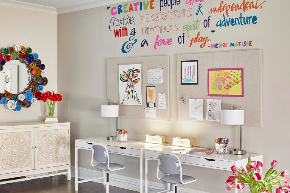 Fun kids workspace, basement family room |Design by Kandrac & Kole Interior Design